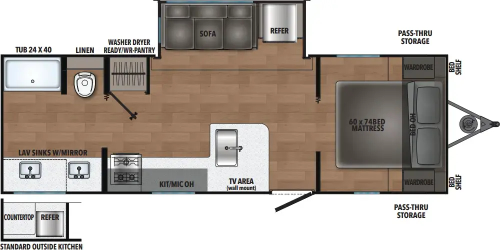 The Northern Spirit DLX & Compact 5260RBS floorplan has one entry and one slide out. Exterior features include: metal exterior and outside kitchen. Interiors features include: front bedroom and rear bathroom.
